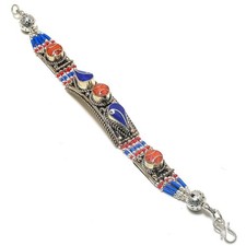 Bracciale Corallo Rosso Lapislazzuli Baho Argento Tibetano Gioielli...