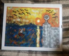 quadro artigianale mare barca rondini tramonto fatto a computer