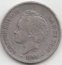 spagna - 5 pesetas 1894 Alphonse XIII boucles