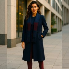 Sciarpa lunga nuova con etichette Stephanie Mathews 100 pura lana merino blu navy trench coat attaccata 