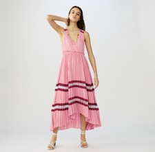 MAJE pink ritello stripe midi dress pleated dress in crepe and lace-trimmed