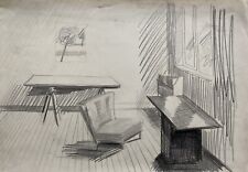 Espressionista Naif Spazio Di Lavoro Con Mobili Arte Mid Century Matita