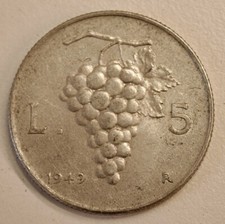 Rara moneta da Lire 5 del 1949 - Grappolo - ottime condizioni Rara