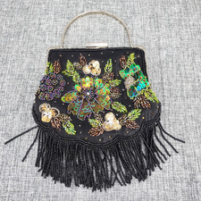 Borsa pochette piccola con paillettes e perline frange festa/sera con manico cromato