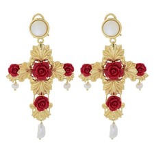 Orecchini a goccia Graziella placcati oro 23 carati croce rosa intagliata e perle coltivate