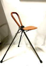 BASTONE SEDIA PORTATILE PIEGHEVOLE METALLO CUOIO VINTAGE FOLDING SEAT UK '50/60