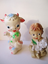 Ledraplastic lotto di 2 pupazzi d'epoca in gomma : capra e bambina con gatto '60