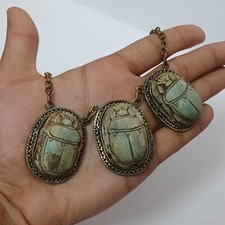 Vintage Brass Necklace – 3 Egyptian Scarabs with Hieroglyphic Engraved Design