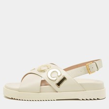 Gucci Off White Leather Logo Ankle Strap Flat Sandals 385