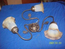 BELLISSIMO LAMPADARIO PLAFONIERA IN OTTONE 3 LUCI CAMPANE IN VETRO - FUNZIONANTE