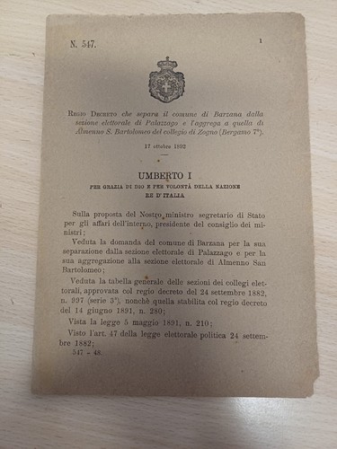 Decreto regno italia - d'italia, barzana