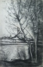 32x48 cm DISEGNO ANTICO PAESAGGIO CARBONCINO Pierre Duteurtre detto DUT BM53.1