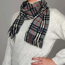 BURBERRY Sciarpa Unisex Frange Check Grigio/Rosso 100% Lambswool Made in England