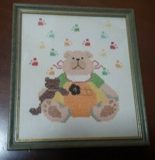 Quadretto punto croce fatto a mano - Orsetto - Cornice in legno 