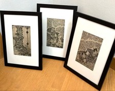 Set di 3 xilografie Utagawa Yoshitora incorniciate Ukiyo‐e scena Kabuki Giappone