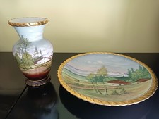 Coppia vaso+piatto in maiolica decorata a mano - Kunst Rehau-