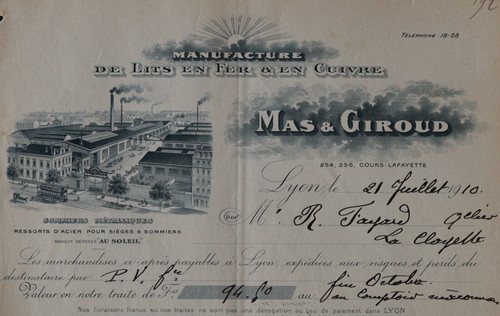 Facture lyon 1910 lit fer - lit, en