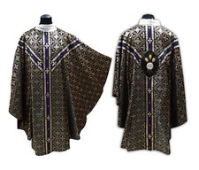 Casula in lampasso oro e nero con galloni oro e viola e ricami a mano spighe ihs