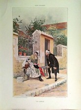 Stampa antica grande GIOVANE DONNA CON GATTINO e prete 1893 Old antique print