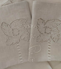 Grandi Federe Antico Puro Lino Sabbia Ricami Intaglio Orlo Giorno Monogramma BG