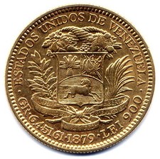 Venezuela : 20 Bolivares 1879 Brussels mint - or rouge oro red gold - marengo RR