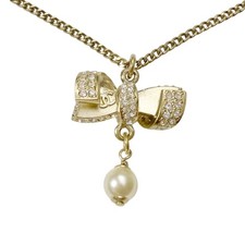 CHANEL CC Logo Rhinestone Pearl Bow Ribbon Necklace 24" Gold Tone 16S w/Box   