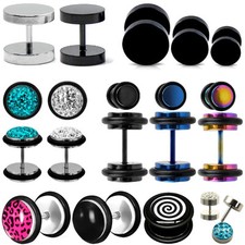 Orecchini in acciaio inox finto plug tunnel tondi uomo uomo nero argento