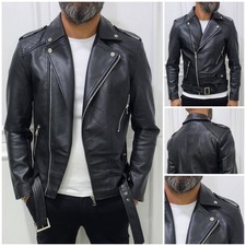 Giubbino Uomo Foderato Eco pelle Chiodo Nero cintura giacca slim  S,M,L,XL,XXL