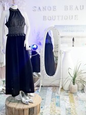 Rara Emma Galore London vintage anni 60 hostess Halter collo nero argento sera 12