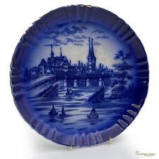 Piatto decorativo antico 800 originale inglese blu in ceramica da collezione