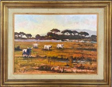 Olio su tela Paesaggio maremmano con buoi al pascolo – Scuola toscana Novecento