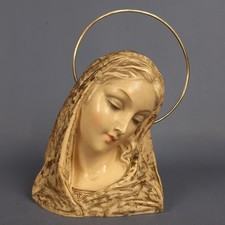Scultura Sacra Ceramica Busto Madonna Firmata Con Aureola Ottone Vintage 1940