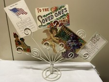 White Metal Fan Shaped w Round Coils Shabby Country 9 Place Photo Card Holder ++