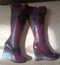 Fabi Stivali alti bordeaux pelle pelliccia zeppa alta Nuovi