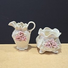 Sugar & Creamer Capodimonte Roses Floral Iridescent Ivory Mother Of Pearl