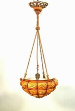 ANTICO LAMPADARIO SOSPENSIONE ART DECO' CORDA VASCA VETRO PRESSATO ARANCIONE