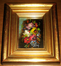 DIPINTO A OLIO a tema floreale QUADRO vintage 900 cornice spessa in legno dorato
