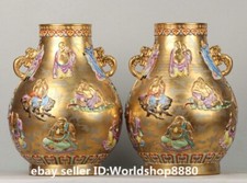 Vaso 2 Orecchie 17,2" Qianlong Marcato Smalto Porcellana Dorata 18 Arhat Buddha