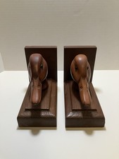 Fermalibri anatra legno intagliato artigianale per decorazione biblioteca occhi vetro Parke Davis