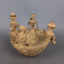 Antica Scultura Bronzo Barca Con Soggetti Arte Tribale Africana Statua Primi 900