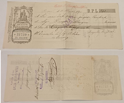Cambiale 1891 cassa - 1891, di