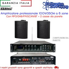 Amplificatore 100V/350W 6 zone Con MP3/DAB/FM/SCAN/BT con 2 casse da parete