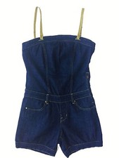 TUTA SALOPETTE PANTALONCINO JEANS DONNA DENIM SCURO CUCITURE ORO 