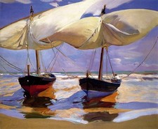 Hand painteOil painting impressionism Spanish Beached Boats, Valencia sail boats