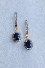 Orecchini pendenti ovali zaffiro blu argento sterling 925 placcato oro zecchino