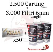 2.500 Cartine Rizla Argento 70 mm + 3.000 FILTRI lunghi X-trem 6 x 22mm