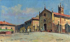 Dipinto  Paesaggio Toscana Monteriggioni Piazza Roma Giacomo Vaccaro cm 25 x 15