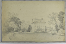 DISEGNO ANTICO FRACESE VEDUTA CASA DI CAMPAGNA CON GIARDINO FRANCIA MATITA NZ2