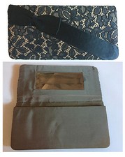 Borsa pochette borsetta vintage anni 50 raso e pizzo nero con specchio interno