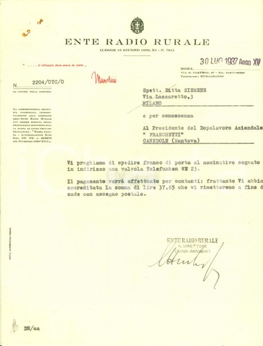 1937 roma ente - radio, rurale